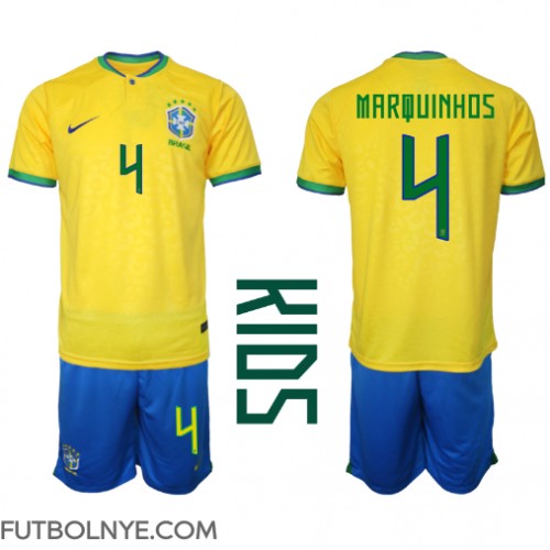 Camiseta Brasil Marquinhos #4 Primera Equipación para niños Mundial 2022 manga corta (+ pantalones cortos)